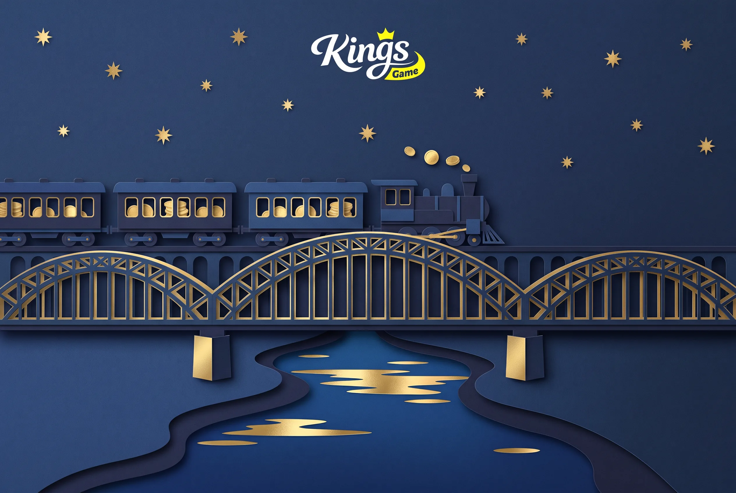 Blau-goldener Papierzug auf einer Kölner Rheinbrücke als Motiv für Kings Game Zahlungen