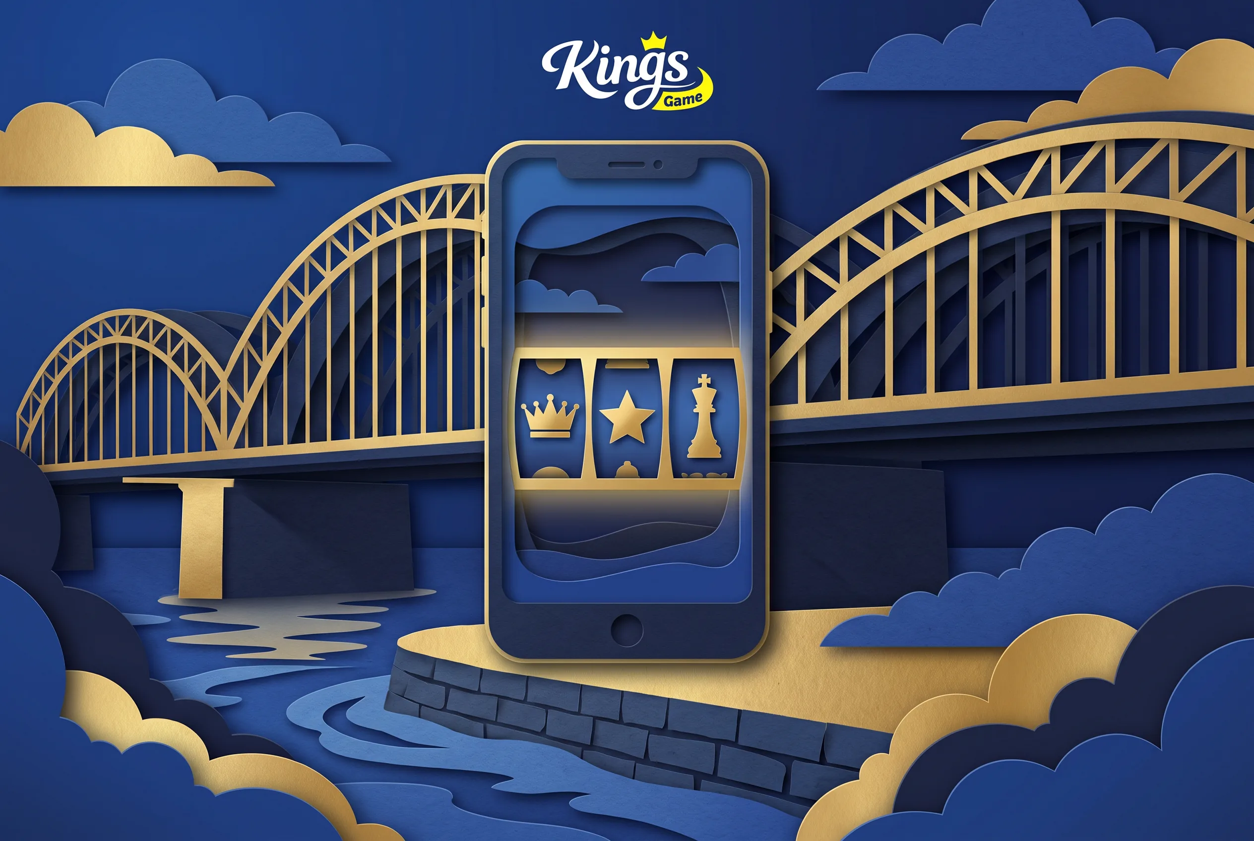 Smartphone mit Spielsymbolen vor einer blau-goldenen Rheinbrücke