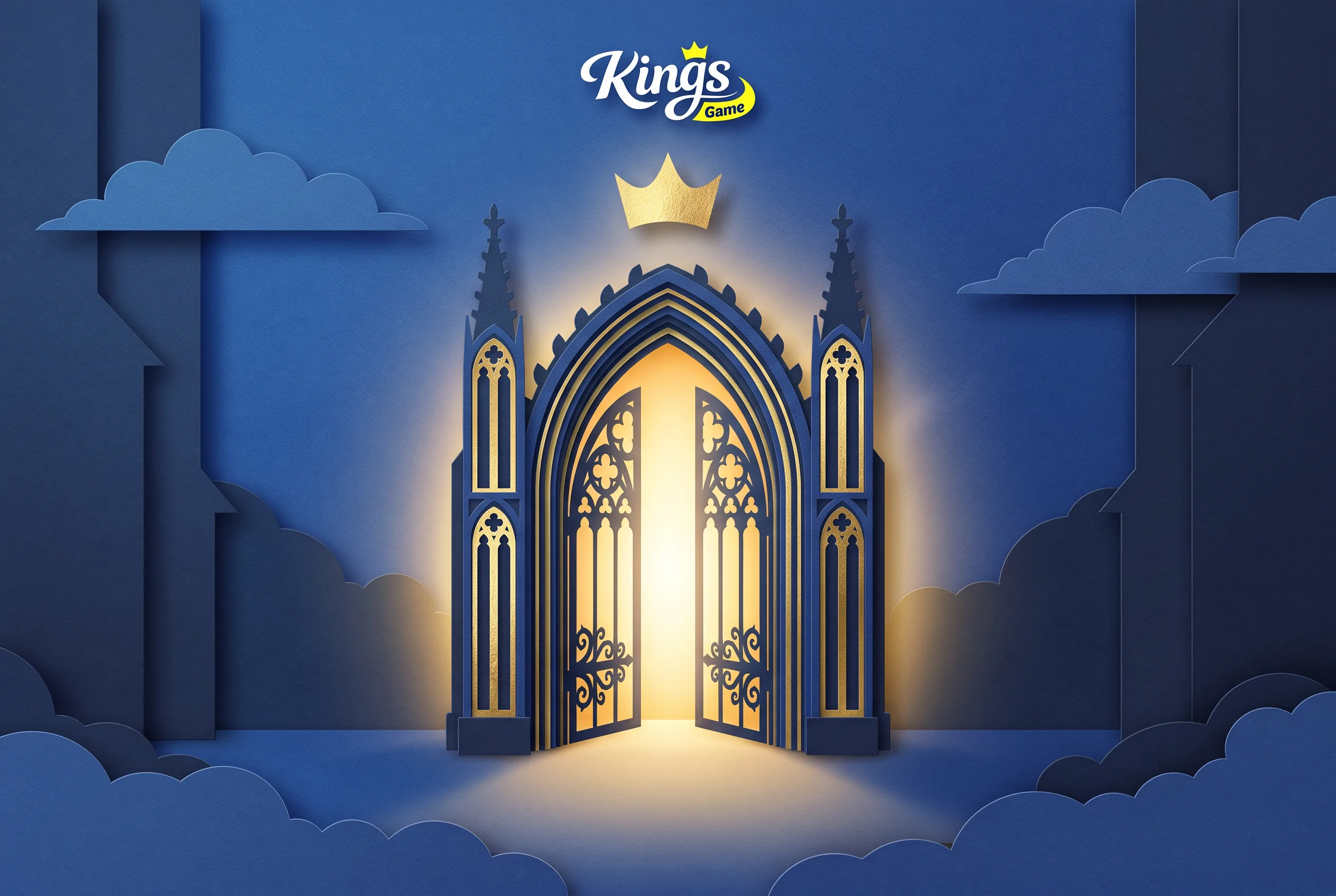 Geöffnetes goldenes Portal mit einer Krone als Motiv für die Kings Game Registrierung