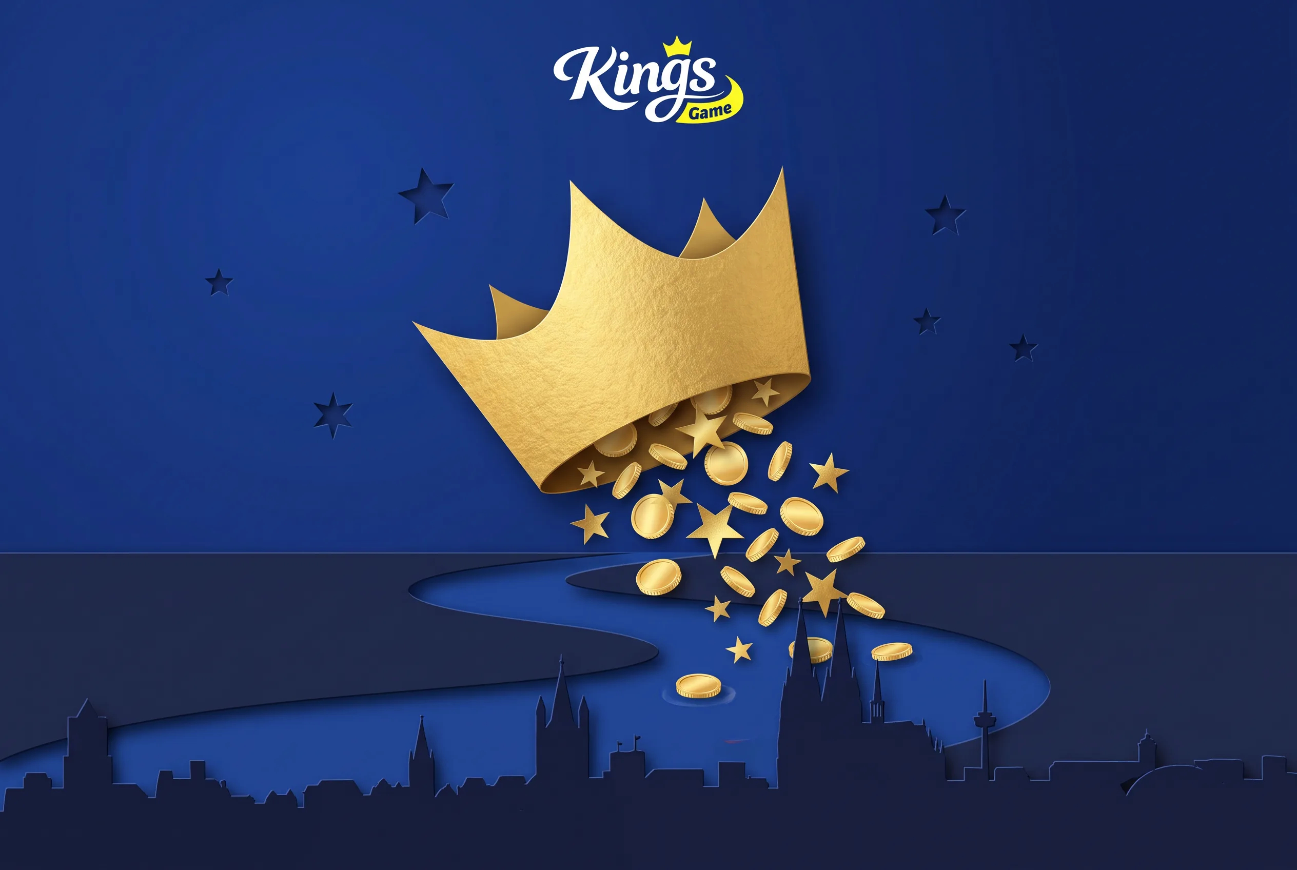 Goldene Papierkrone mit Münzen und Sternen über der Kölner Silhouette